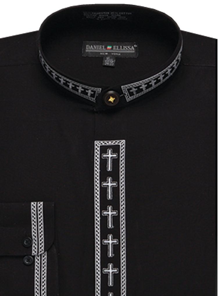 "Daniel Ellissa Men's Black/White Clergy Shirt - Exclusive Cross Embroidered Banded Collar" - USA Men's Outlet – SuitUSA