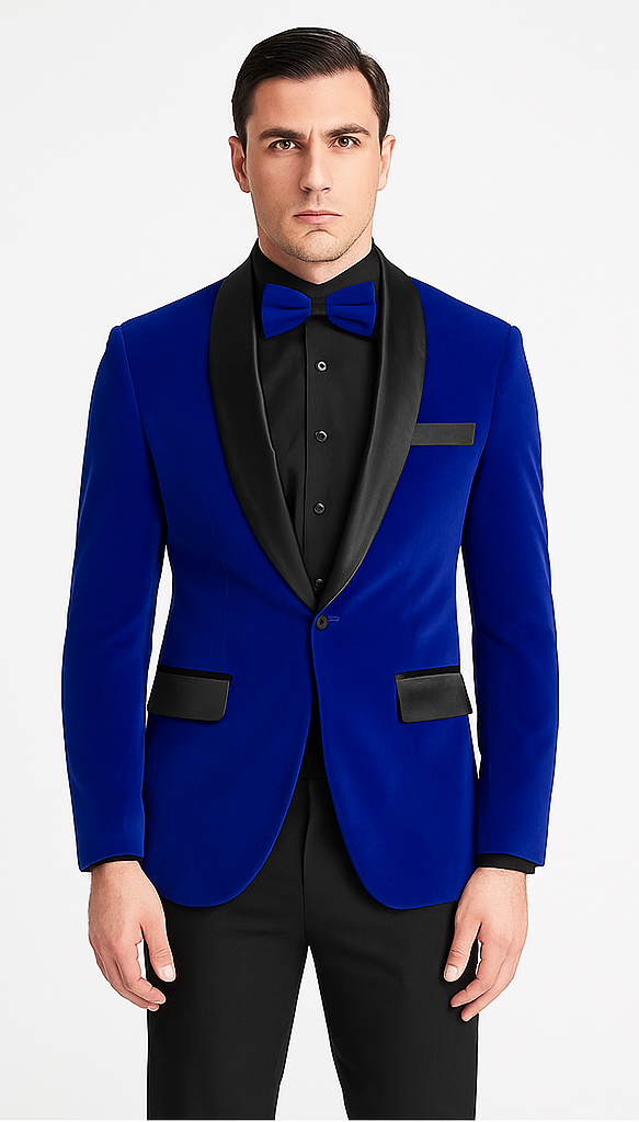 Royal Blue Prom Suit MEN'S SLIM FIT SHAWL LAPEL VELVET WEDDING & PROM TUXEDO JACKET IN ROYAL BLUE – SuitUSA