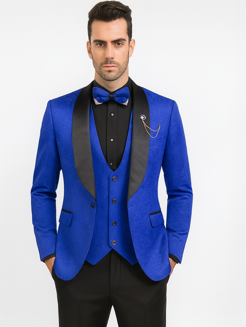 Dark Blue Wedding Suit MEN'S SLIM FIT VESTED PAISLEY WEDDING TUXEDO IN ROYAL BLUE