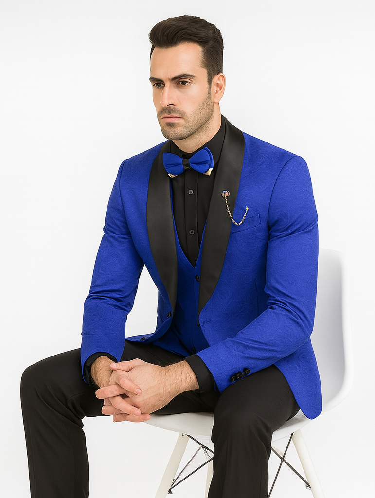 Dark Blue Wedding Suit MEN'S SLIM FIT VESTED PAISLEY WEDDING TUXEDO IN ROYAL BLUE