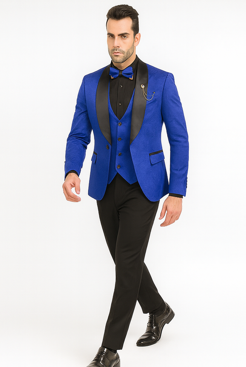 Dark Blue Wedding Suit MEN'S SLIM FIT VESTED PAISLEY WEDDING TUXEDO IN ROYAL BLUE