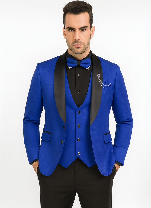 Dark Blue Wedding Suit MEN'S SLIM FIT VESTED PAISLEY WEDDING TUXEDO IN ROYAL BLUE