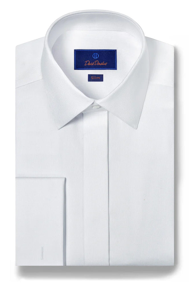 Micro Dobby Covered Placket French Cuff White Tuxedo Shirt by David Donahue