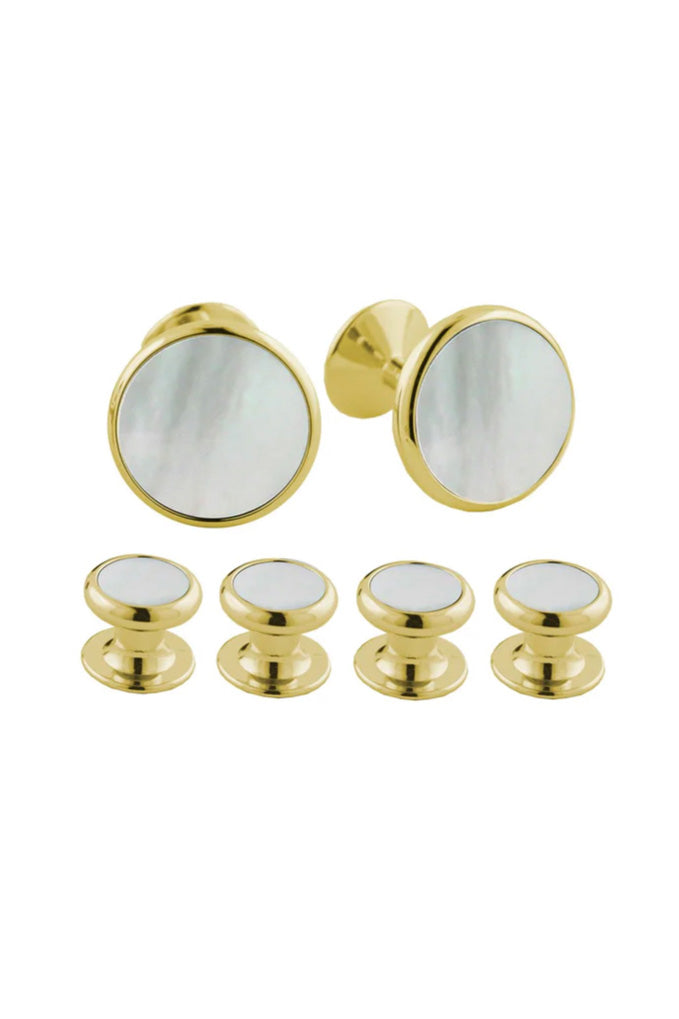Mother of Pearl and Gold Brass Studs & Cufflinks Set by David Donahue