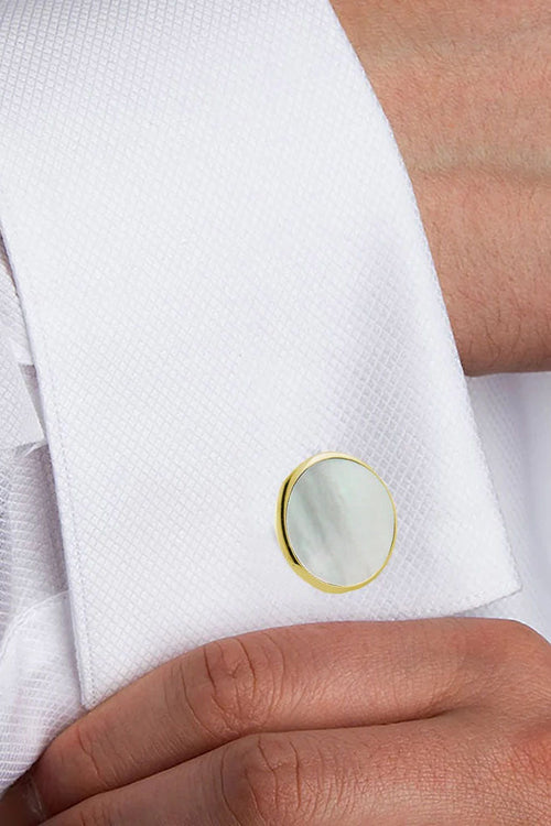 Mother of Pearl and Gold Brass Studs & Cufflinks Set by David Donahue