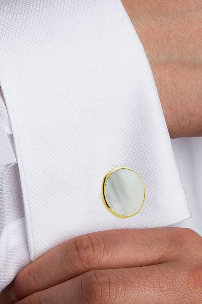 Mother of Pearl and Gold Brass Studs & Cufflinks Set by David Donahue