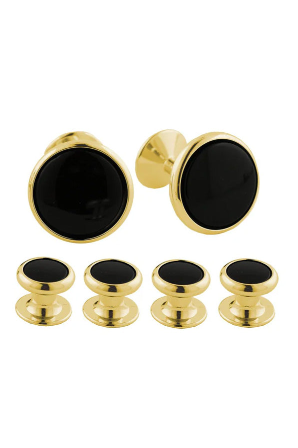 Onyx and Gold Brass Studs & Cufflinks Set by David Donahue