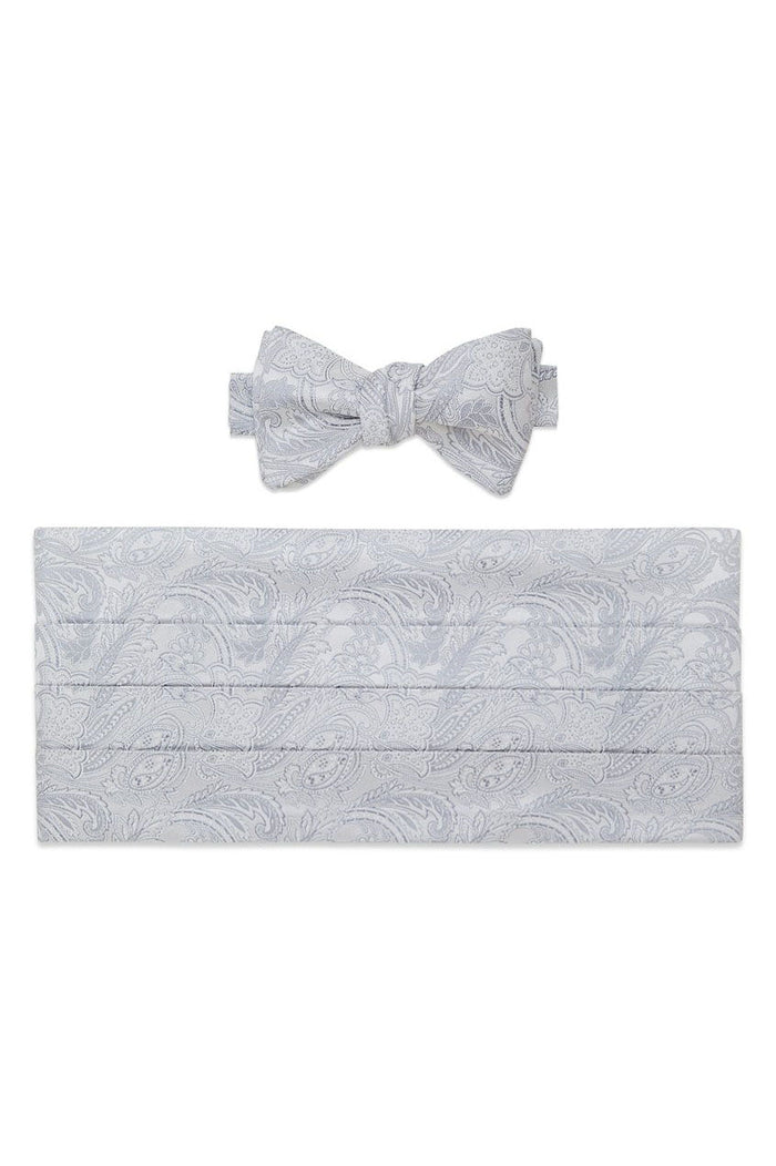 Silver and White Paisley Bow Tie & Cummerbund Set by David Donahue