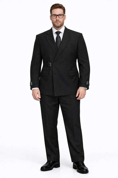 Men’s Black Double Breasted Wool Suit with Metal Buckle Closure