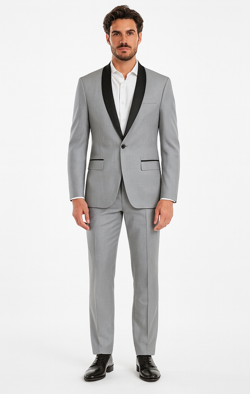 Designer Gray Prom Tuxedo - Grey Wedding Tuxedo Suit With Shawl Lapel