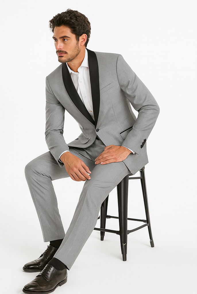 Designer Gray Prom Tuxedo - Grey Wedding Tuxedo Suit With Shawl Lapel