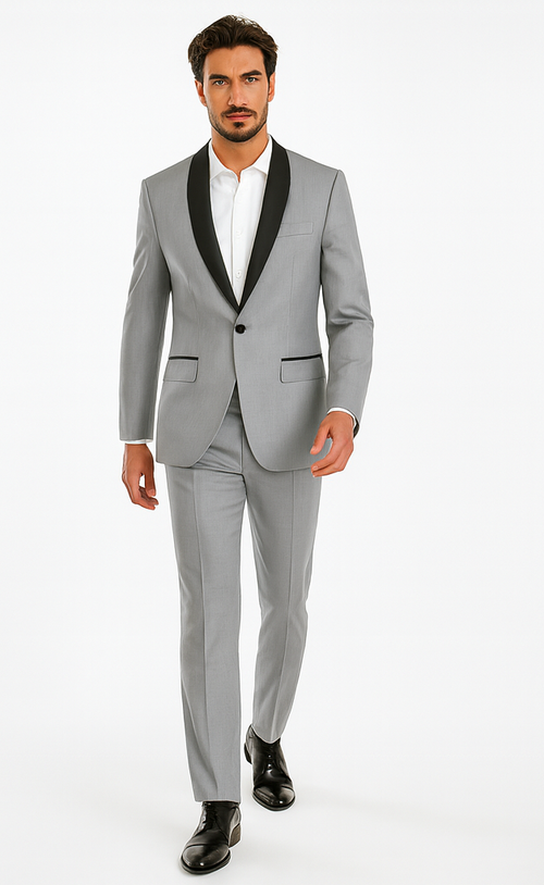 Designer Gray Prom Tuxedo - Grey Wedding Tuxedo Suit With Shawl Lapel