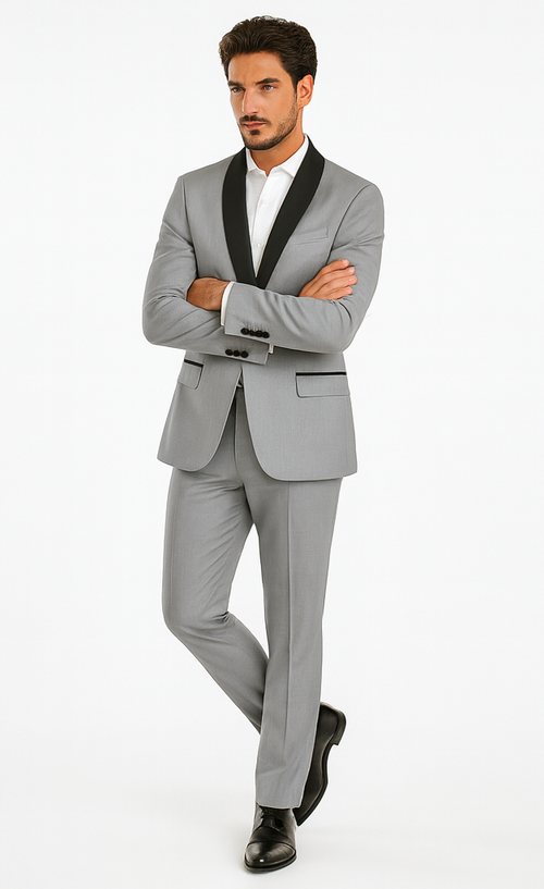 Designer Gray Prom Tuxedo - Grey Wedding Tuxedo Suit With Shawl Lapel