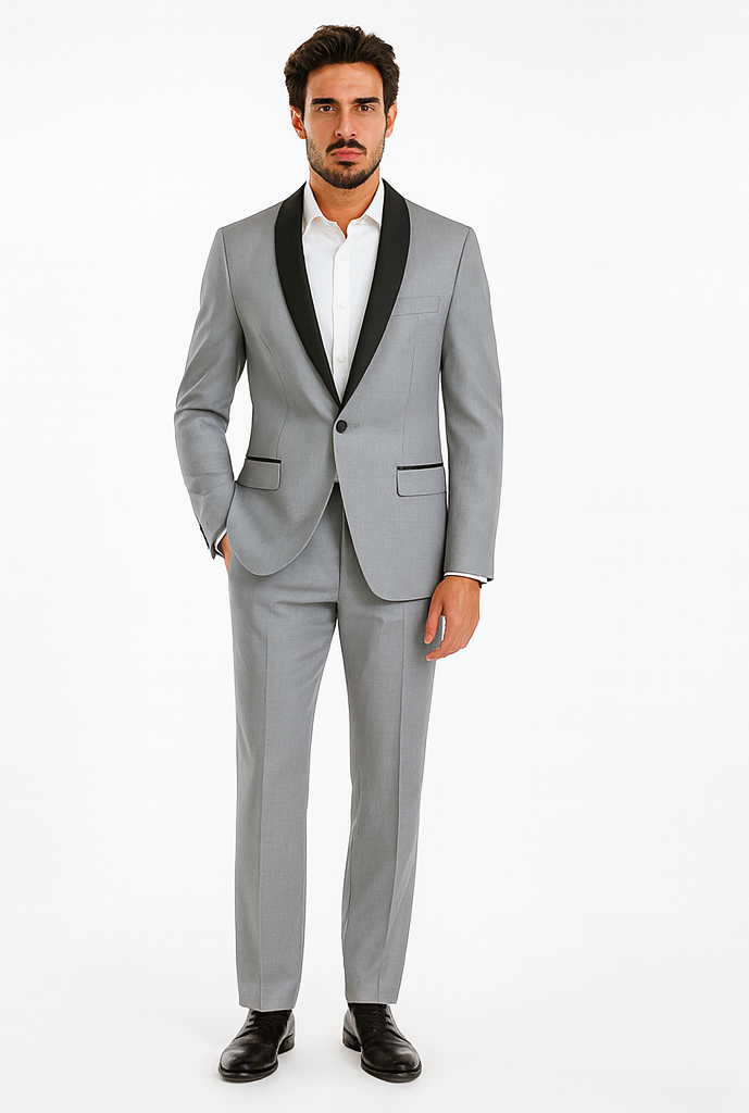Designer Gray Prom Tuxedo - Grey Wedding Tuxedo Suit With Shawl Lapel