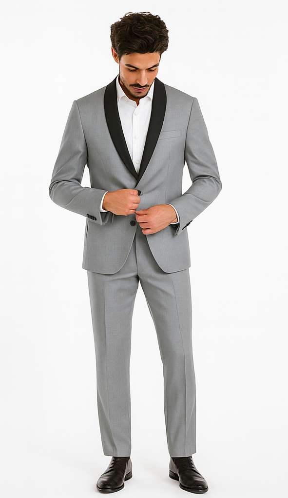 Designer Gray Prom Tuxedo - Grey Wedding Tuxedo Suit With Shawl Lapel
