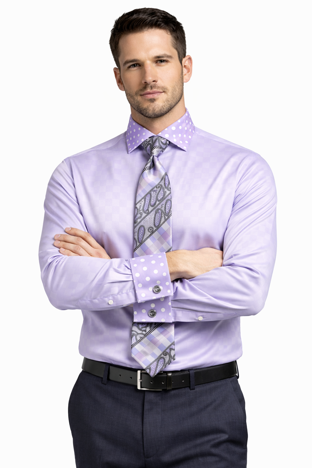 Men's Daniel Ellissa Lavender Polka Dot French Cuff Dress Shirt