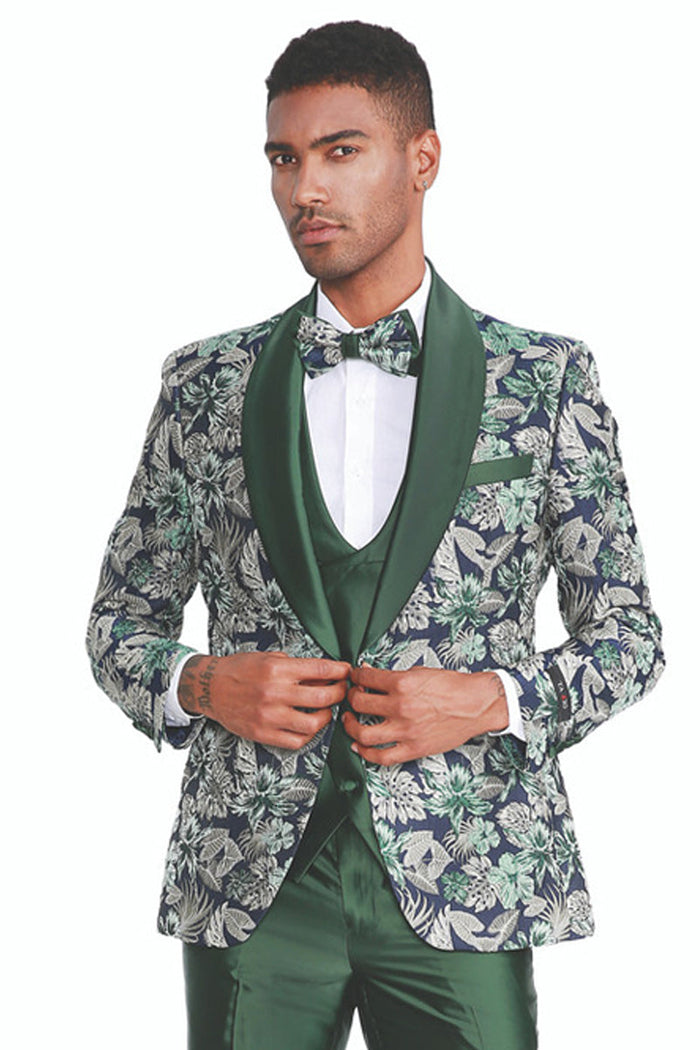 Men's Slim Fit Paisley Shawl Lapel Tuxedo - One Button Vested Prom Suit in Hunter Green by Tazzio