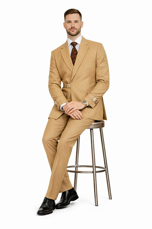 Men’s Camel Double Breasted Wool Suit with Metal Buckle Closure