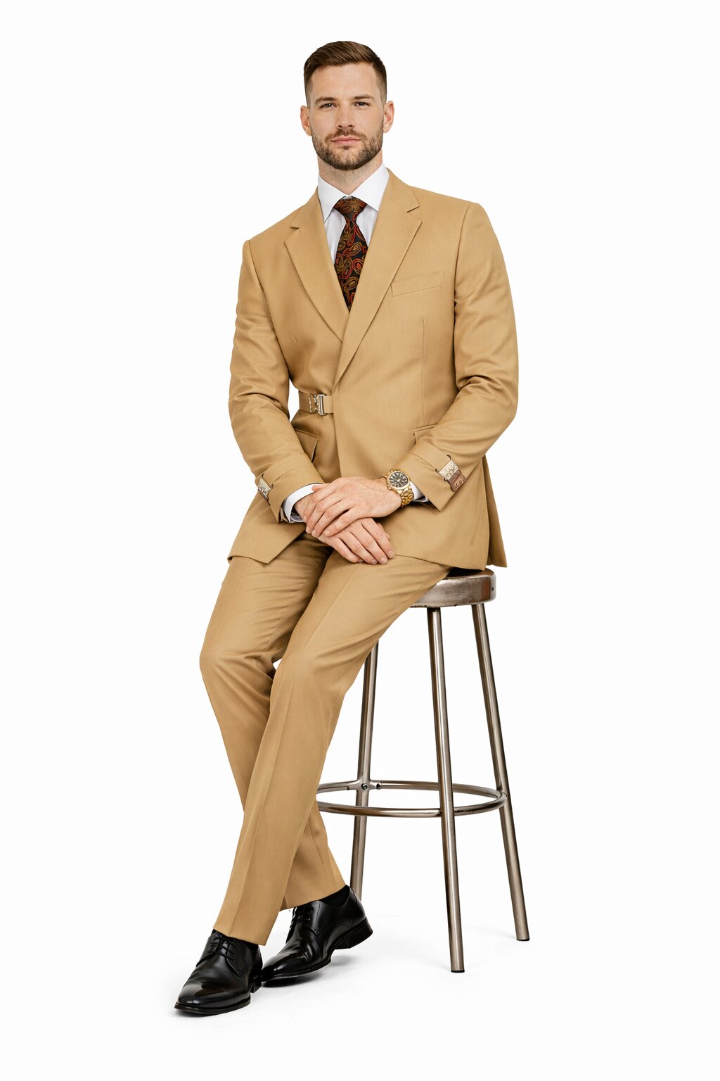 Men’s Camel Double Breasted Wool Suit with Metal Buckle Closure
