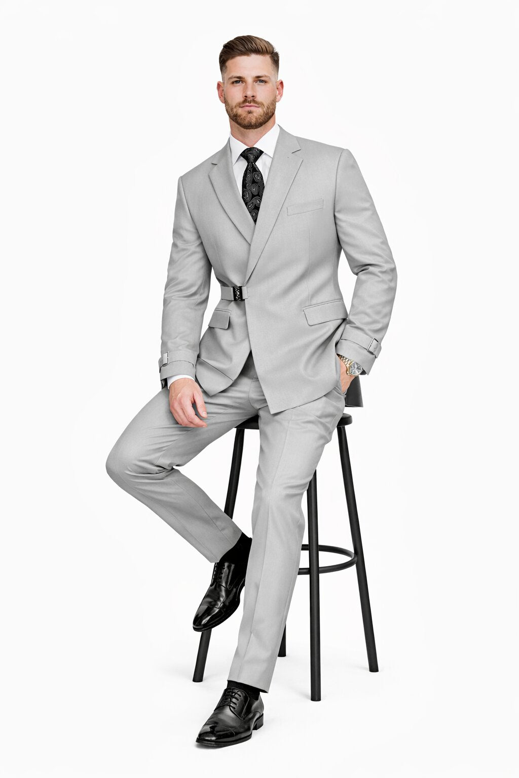 Men’s Light Grey Double Breasted Modern Designer Tailored Fit Wool Suit with Metal Buckle Closure