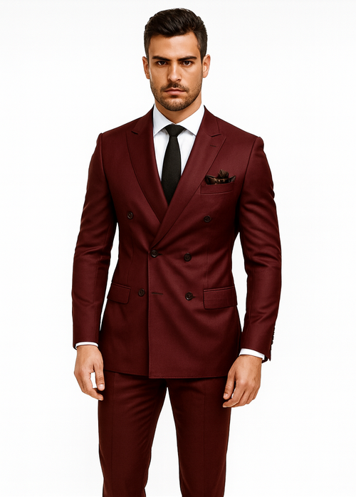 Double Breasted Slim Fit Suit - Burgundy Suit - Tapred Fit Pants