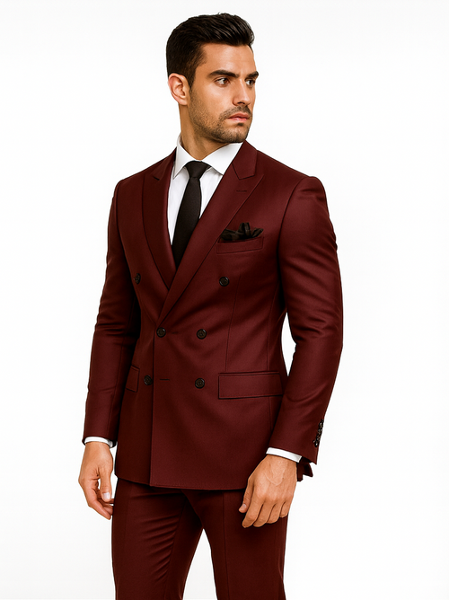 Double Breasted Slim Fit Suit - Burgundy Suit - Tapred Fit Pants