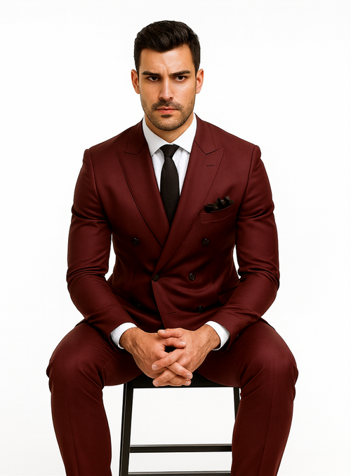 Double Breasted Slim Fit Suit - Burgundy Suit - Tapred Fit Pants