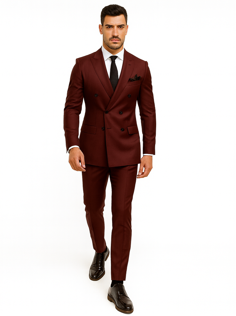 Double Breasted Slim Fit Suit - Burgundy Suit - Tapred Fit Pants