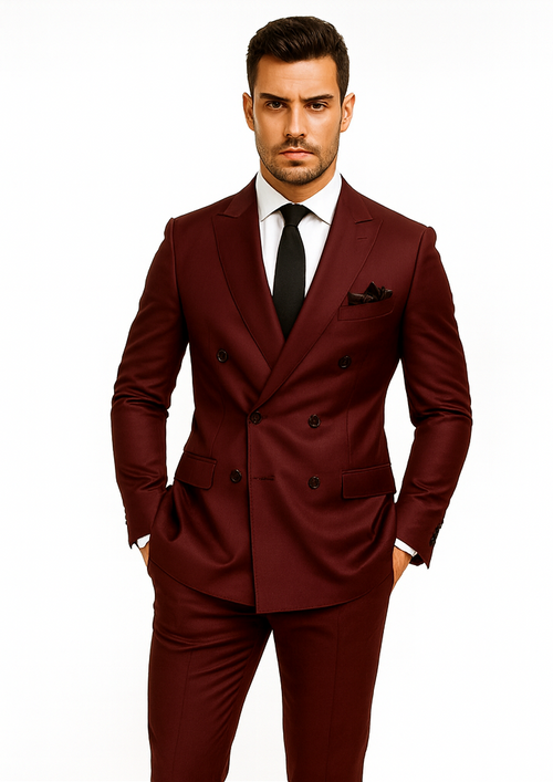 Double Breasted Slim Fit Suit - Burgundy Suit - Tapred Fit Pants
