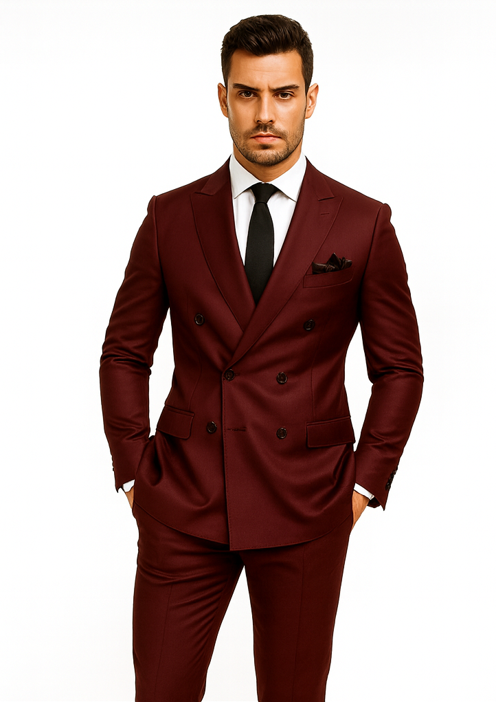 Double Breasted Slim Fit Suit - Burgundy Suit - Tapred Fit Pants