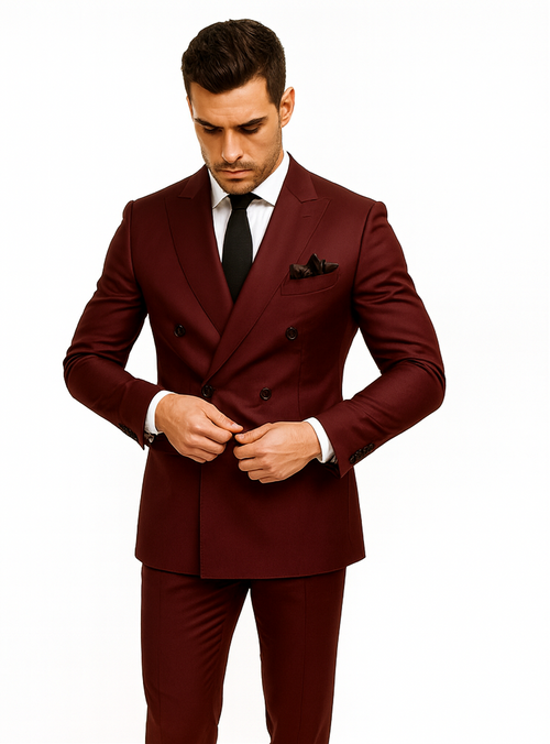 Double Breasted Slim Fit Suit - Burgundy Suit - Tapred Fit Pants