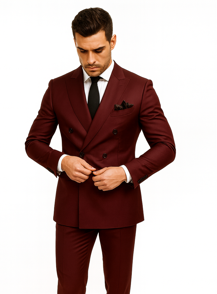 Double Breasted Slim Fit Suit - Burgundy Suit - Tapred Fit Pants