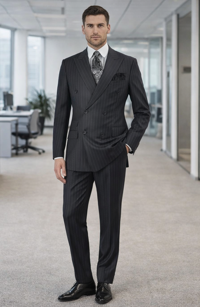 Double Breasted Suits - Vested Suits Wool Fabric - Apolo King Brand - Gray Stripe Suit USA Men's Outlet