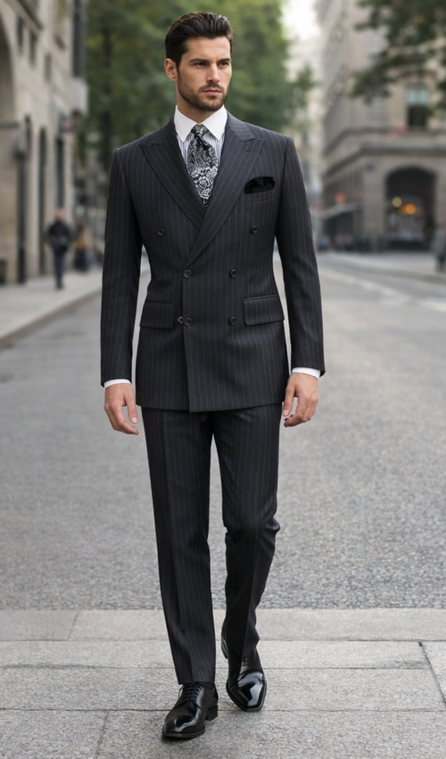 Double Breasted Suits - Vested Suits Wool Fabric - Apolo King Brand - Gray Stripe Suit USA Men's Outlet