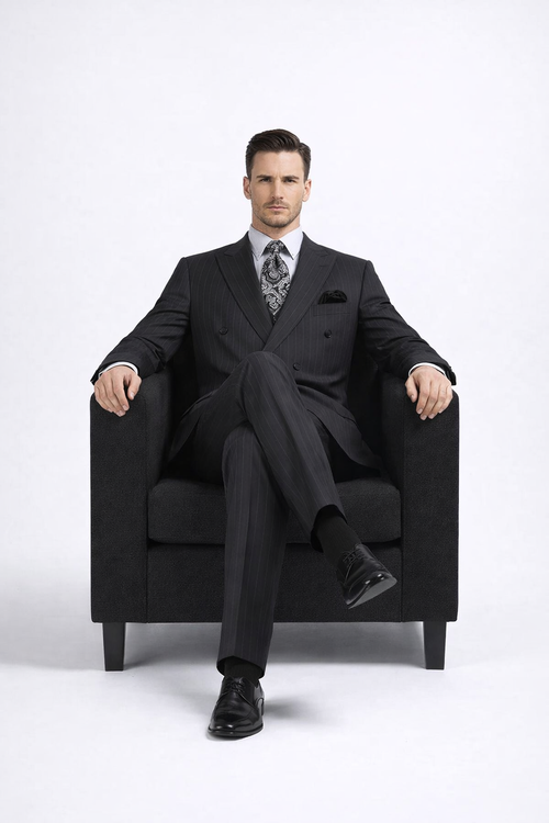 Double Breasted Suits - Vested Suits Wool Fabric - Apolo King Brand - Gray Stripe Suit USA Men's Outlet