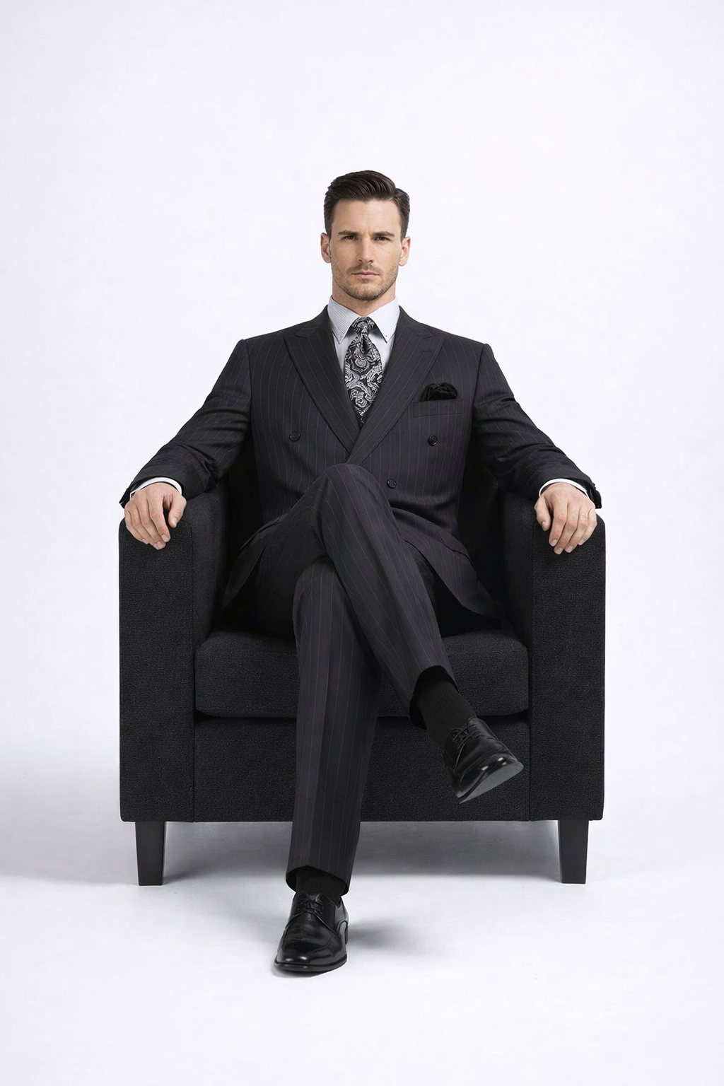 Double Breasted Suits - Vested Suits Wool Fabric - Apolo King Brand - Gray Stripe Suit USA Men's Outlet
