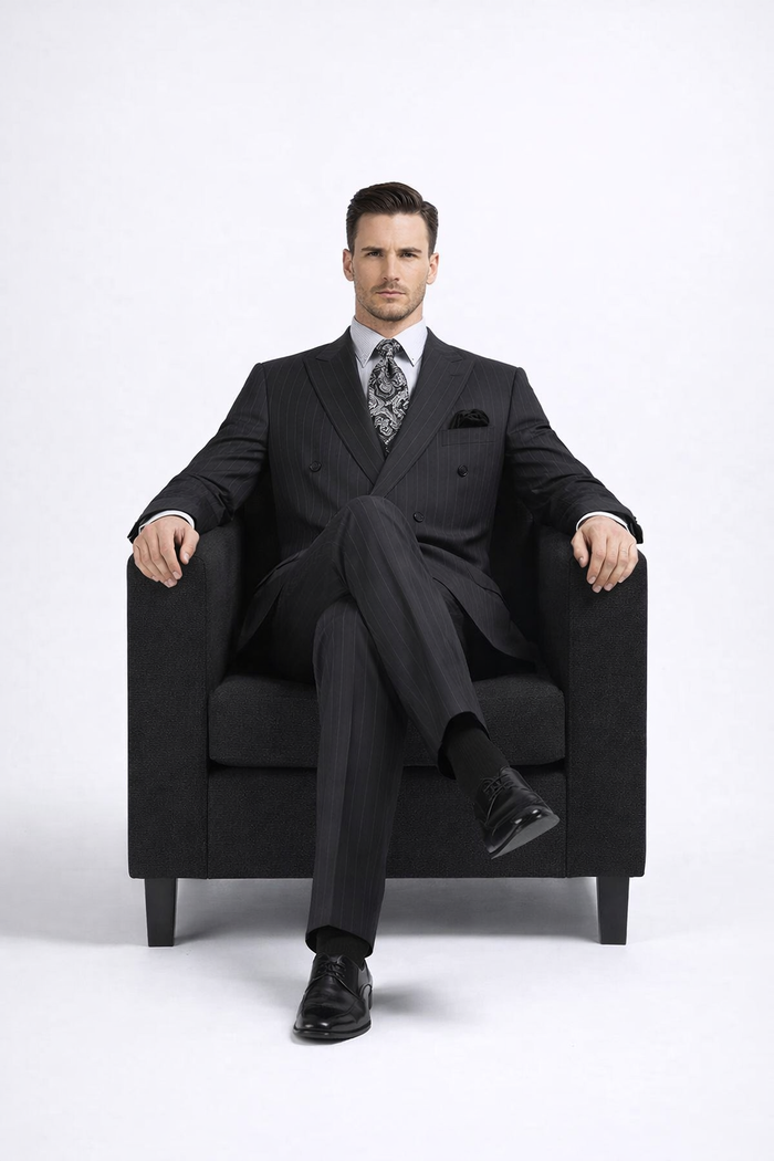 Double Breasted Suits - Vested Suits Wool Fabric - Apolo King Brand - Gray Stripe Suit USA Men's Outlet
