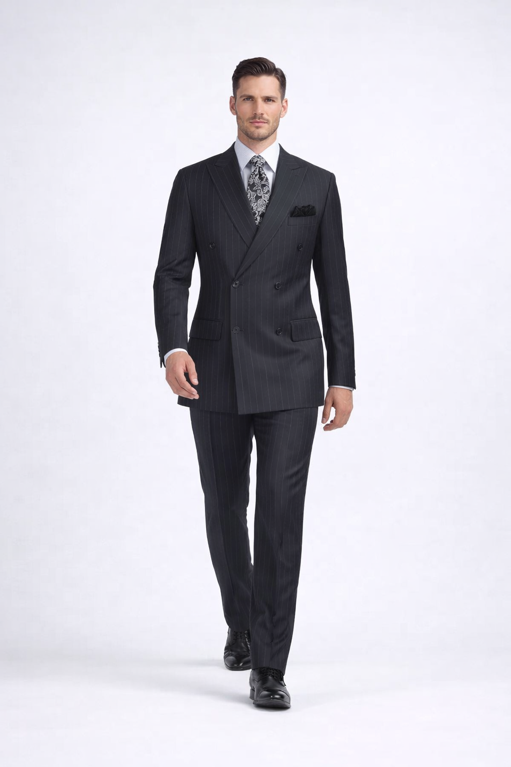 Double Breasted Suits - Vested Suits Wool Fabric - Apolo King Brand - Gray Stripe Suit USA Men's Outlet