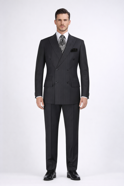 Double Breasted Suits - Vested Suits Wool Fabric - Apolo King Brand - Gray Stripe Suit USA Men's Outlet