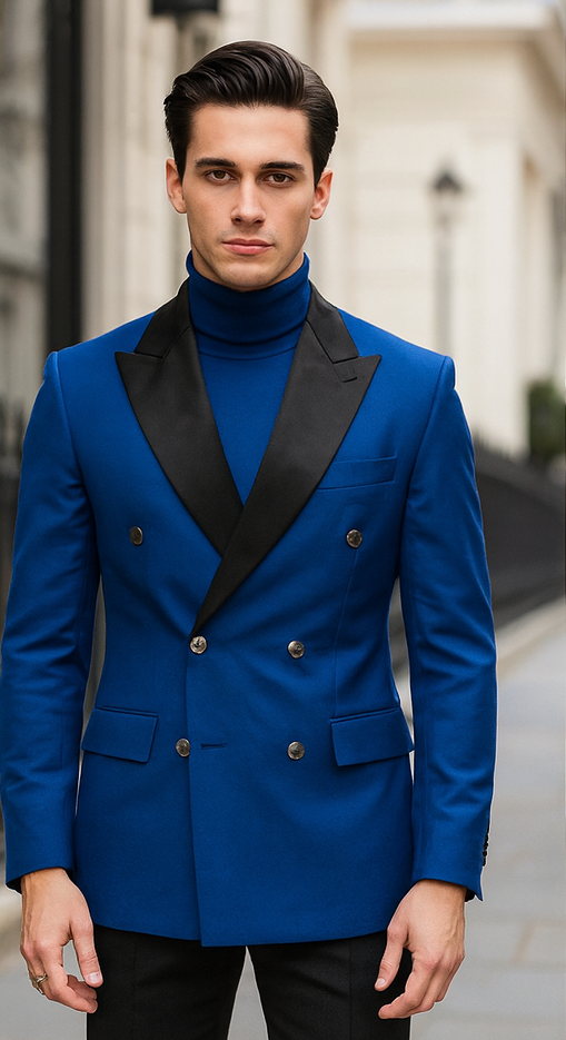 Double Breasted Tuxedo With Gold Buttons Black Lapel perfect for Wedding or Prom Royal Blue by PROMTUXEDO