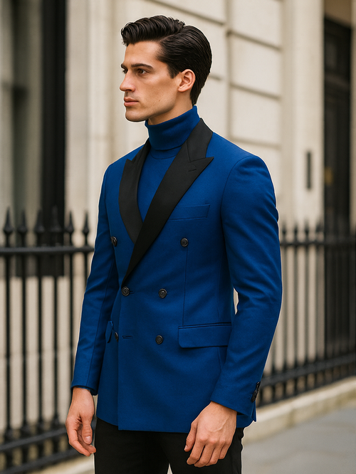 Double Breasted Tuxedo With Gold Buttons Black Lapel perfect for Wedding or Prom Royal Blue by PROMTUXEDO