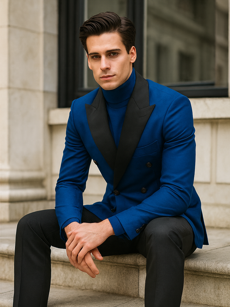 Double Breasted Tuxedo With Gold Buttons Black Lapel perfect for Wedding or Prom Royal Blue by PROMTUXEDO
