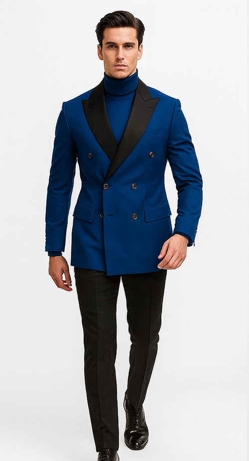 Double Breasted Tuxedo With Gold Buttons Black Lapel perfect for Wedding or Prom Royal Blue by PROMTUXEDO