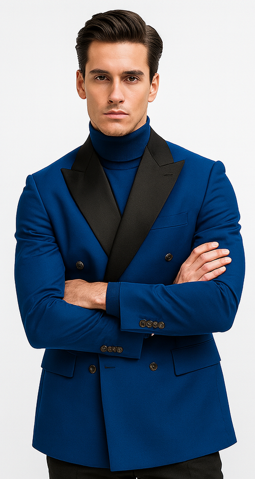 Double Breasted Tuxedo With Gold Buttons Black Lapel perfect for Wedding or Prom Royal Blue by PROMTUXEDO