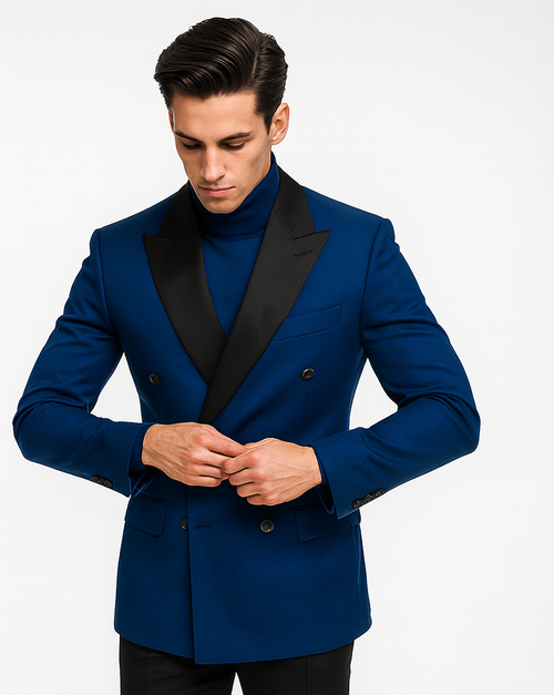 Double Breasted Tuxedo With Gold Buttons Black Lapel perfect for Wedding or Prom Royal Blue by PROMTUXEDO