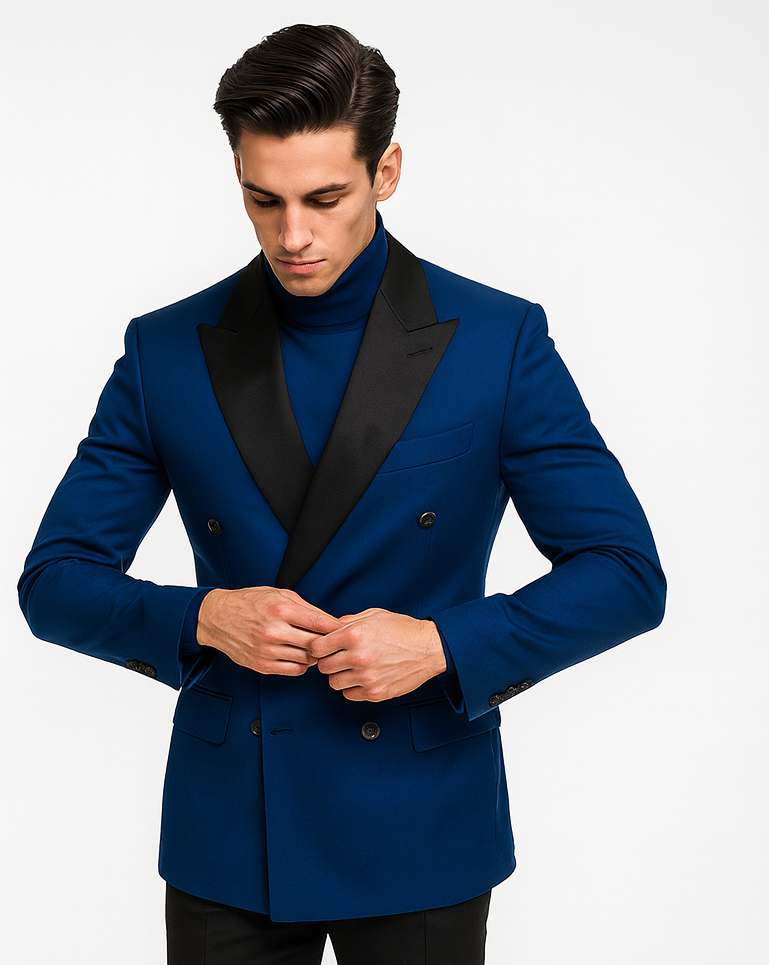 Double Breasted Tuxedo With Gold Buttons Black Lapel perfect for Wedding or Prom Royal Blue by PROMTUXEDO