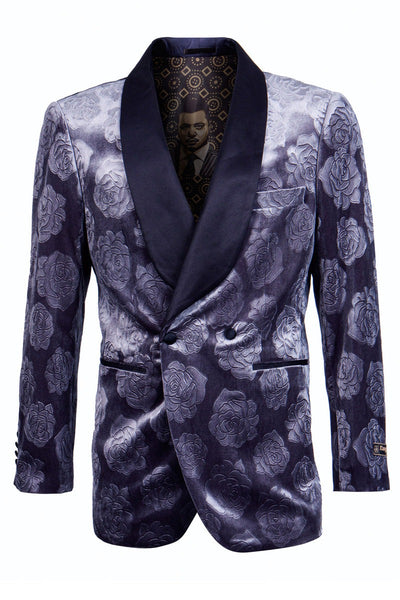 Royal Blue Prom Suit MEN'S DOUBLE BREASTED FLORAL ROSE PRINT VELVET SMOKING JACKET IN BLUE