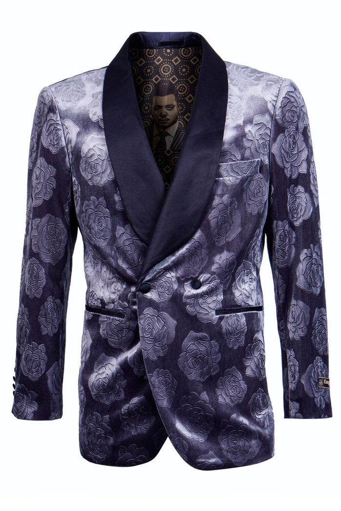 Royal Blue Prom Suit MEN'S DOUBLE BREASTED FLORAL ROSE PRINT VELVET SMOKING JACKET IN BLUE