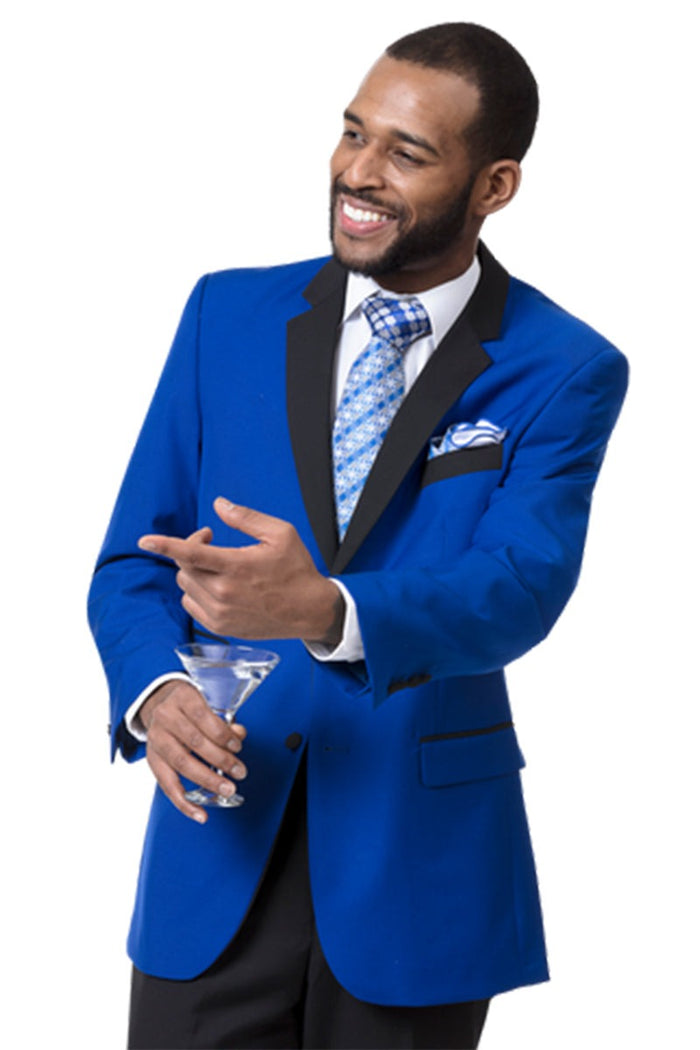 Royal Blue Prom Suit MENS TWO BUTTON MODERN FIT TUXEDO IN ROYAL BLUE WITH BLACK LAPEL
