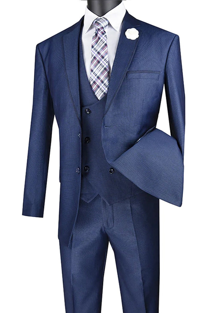 Dark Blue Wedding Suit MEN'S MODERN FIT TUXEDO SUIT WITH DOUBLE BREASTED VEST AND SATIN TRIM IN NAVY BLUE